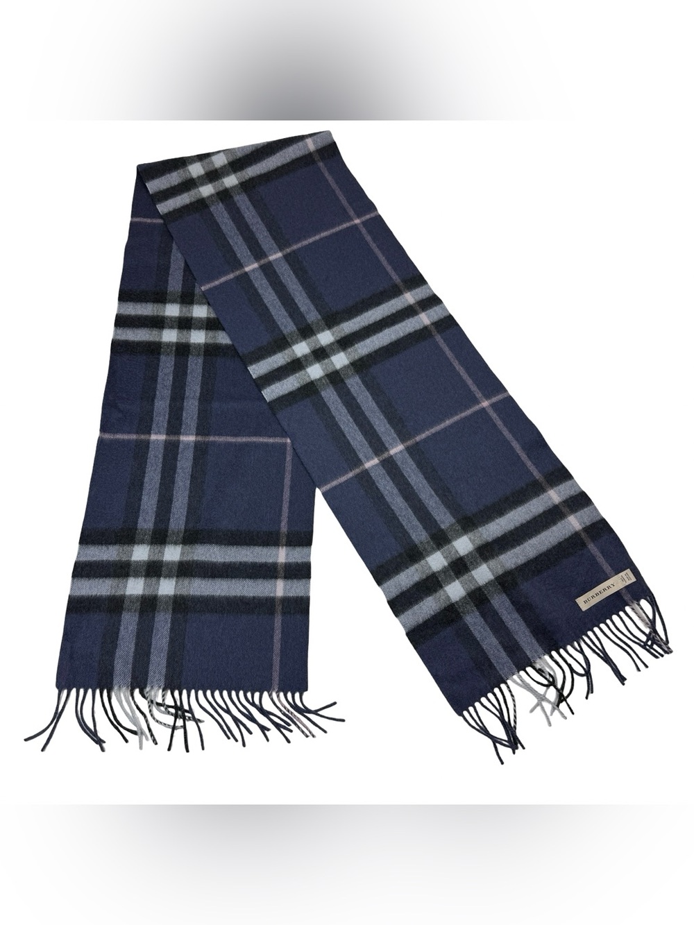 Burberry Cashmere Muffler Indigo Fringed Scarf Scotland EUC Nice 11.5” x 66”